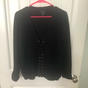 Black sweater with center tie detailing